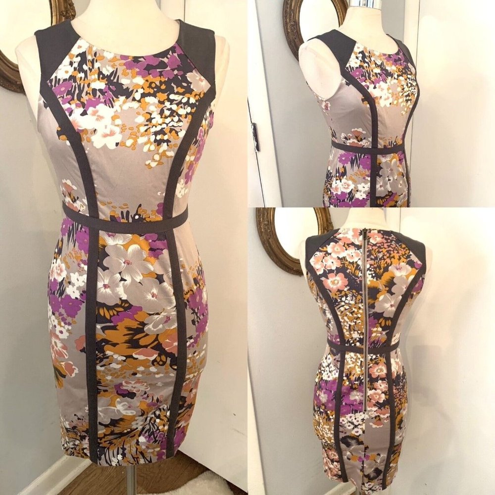 Women Floral Sheath Dress Sz S Abstract Print  Lavender Taupe Career Cocktail